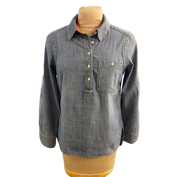GH Bass Chambray Blouse Size M Blue Festival Boho Football - Picture 1 of 9